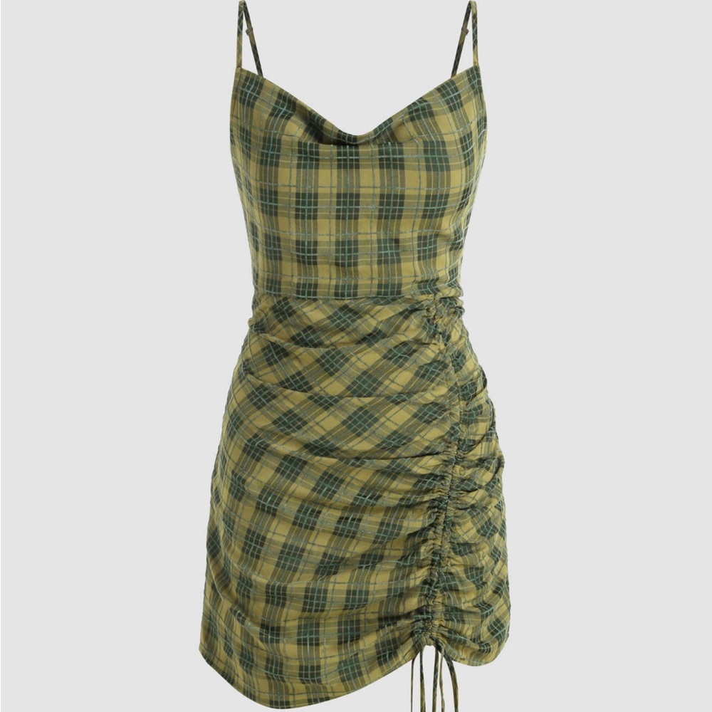 Plaid cowl neck mini dress